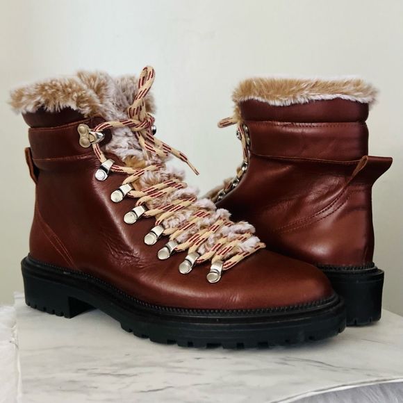 Zara Leather Lace Up Mountain Faux Fur Ankle Boots, Brown, Euro 38 (US 8), NWOT - Picture 14 of 15